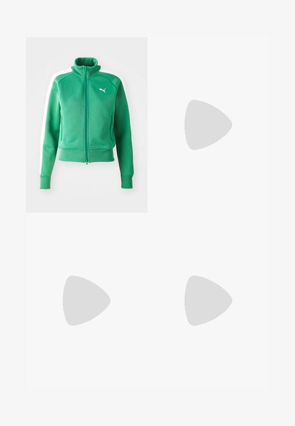 Grøn zip-up sweat shirt med et tekstureret stof, ribbede manchetter og kant, med hvide sidepaneler og et hvidt logo på brystet.; En enkel hvid t-shirt lavet af bomuld med rund halsudskæring, korte ærmer og en afslappet pasform. Glat tekstur uden mønstre eller accentuer.; Bredde ben sorte bukser lavet af et blødt, vævet stof. Har pressede folder, bæltesløjfer og en ren, skræddersyet finish.; Røde ruskindsnikers med hvide accenter, der har struktureret materiale, rund tå og et guld logo på siden, båret med sorte bukser.