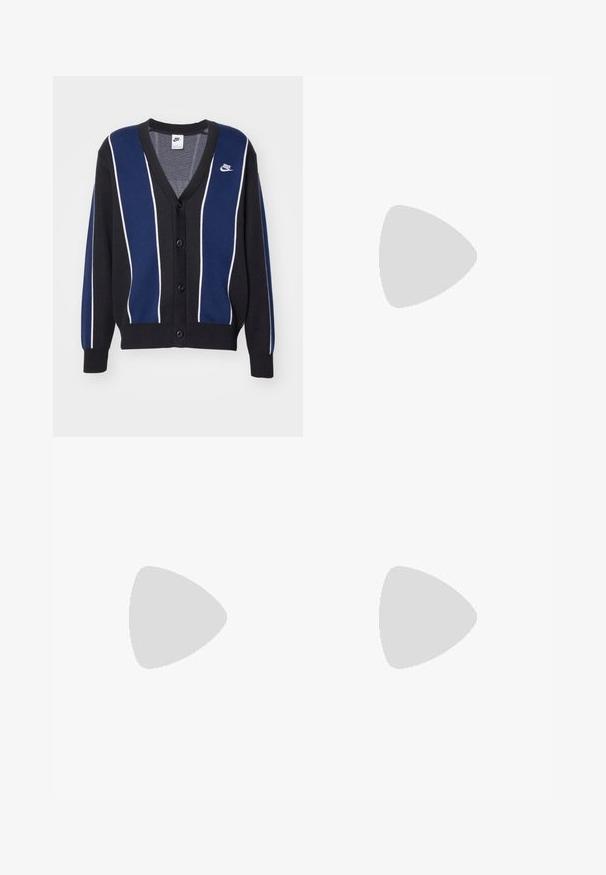 Navy and black knitted cardigan with vertical white stripes, V-neck, button front, and a small logo on the left side.; Short-sleeve, crew-neck t-shirt in white and light beige. Features a small gold Nike logo on the chest and a smooth cotton texture.; Black denim pants featuring a straight-leg cut, five-pocket design, and a front button closure. Smooth texture with minimal stitching details.; Black athletic shoes with a textured fabric upper, white midsole, black laces, and rubber outsole, paired with gray wide-leg jeans.