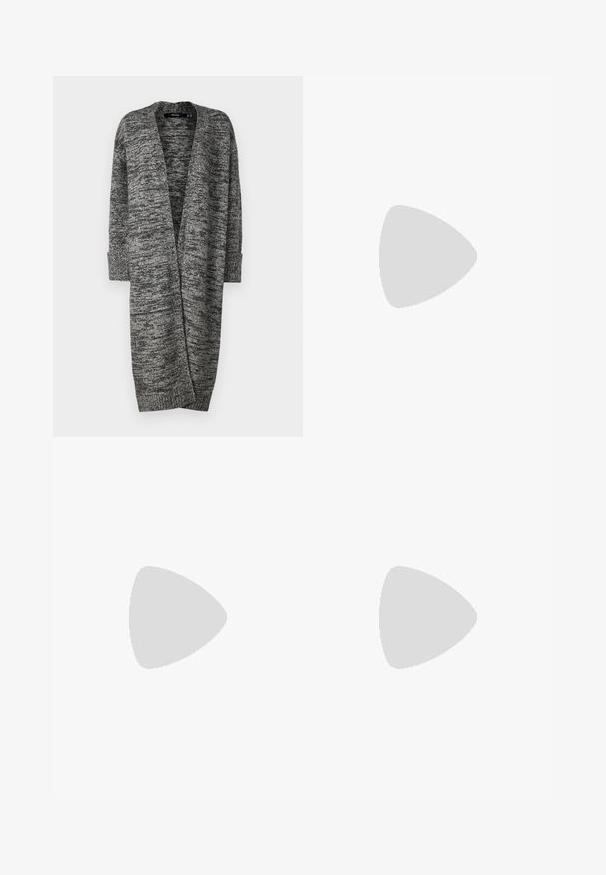 Vero Moda VMPHILLIS LONG OPEN - Cardigan - black/birch; Black short-sleeve t-shirt made of soft cotton fabric with a round neck and a relaxed fit, featuring a clean design and no visible patterns.; Gray pleated skirt made from textured fabric, featuring vertical stripes, a waistband with belt loops, and a flared silhouette.; Burgundy patent leather shoes with a square toe and ankle strap, paired with light blue loose-fit jeans. The shoes have a glossy finish.