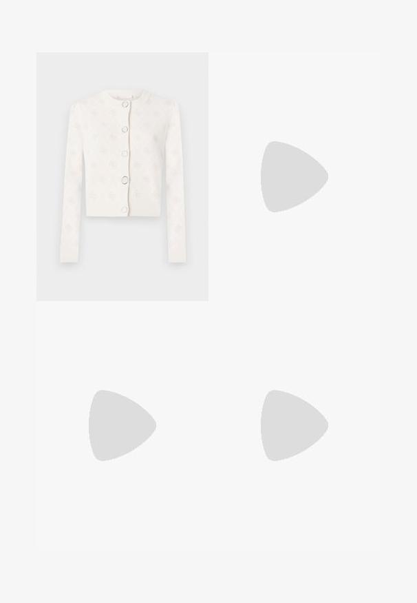 White cardigan with a textured diamond pattern, featuring six polished buttons and ribbed cuffs. Material appears soft and lightweight.; Knitted white short-sleeve top with subtle pattern, featuring a round neckline and gold accent at the hem. texture appears lightweight and breathable.; White shorts with a tie waist, featuring two side pockets and a smooth, textured fabric. Classic cut with clean lines.; Black patent leather slingback pumps with a pointed toe and gold-toned hardware on the strap, featuring a block heel. Smooth texture.