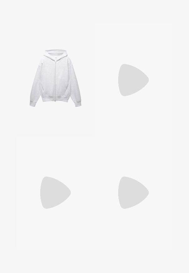 Svetlo siva zip-up kapuca z vrvico, ohlapen kroj, velike stranske žepe ter rebrasti manšeti in rob, izdelana iz mehke tkanine.; Bela kratka majica s kratkimi rokavi iz bombaža. Ima okroglo izrezovanje in sproščen kroj. Gladka tekstura brez vidnih vzorcev ali poudarkov.; Bele široke hlače iz mehkega blaga. Imajo elastičen pas s vrvico in gladko teksturo. Brez vidnih vzorcev ali kovinskih delov.; Stradivarius Športni copati - white