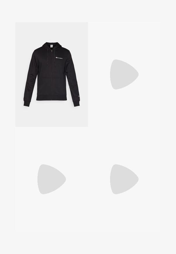 Felpa nera con zip realizzata in cotone. Presenta un cappuccio regolabile con coulisse, due tasche frontali e un piccolo logo Champion sul lato sinistro del petto.; T-shirt bianca a girocollo realizzata in cotone, con maniche corte e un piccolo logo ricamato sulla parte sinistra del petto. Texture morbida.; Pantaloni della tuta neri in misto cotone, con vita elastica e un piccolo logo bianco sul lato sinistro. Design con gamba affusolata.; Sneakers atletici bianchi con pelle sintetica liscia, accento del logo nero e dettagli perforati sul lato. Suola in gomma.