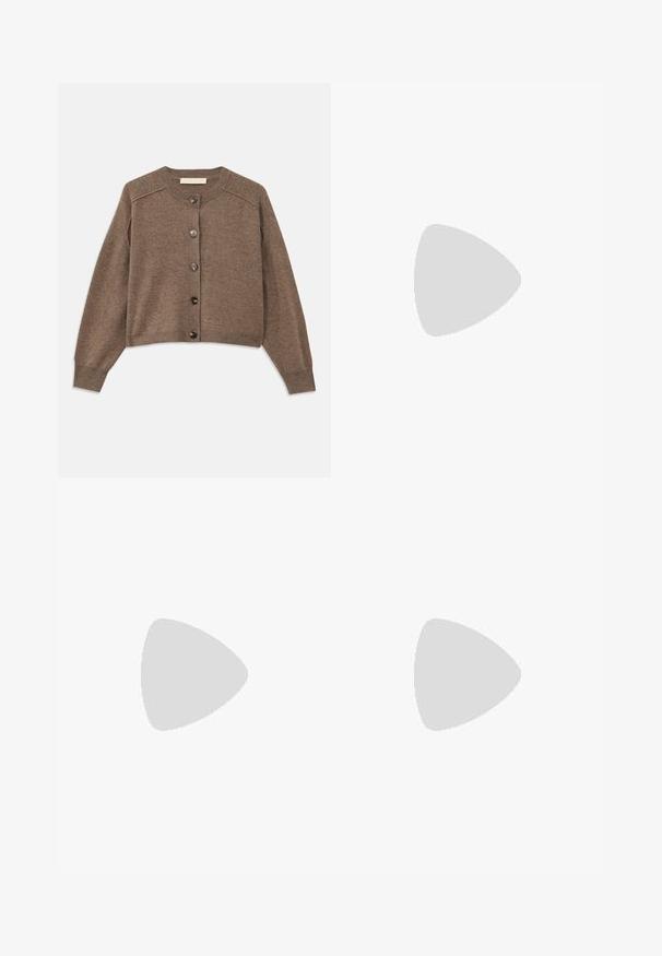 Brown knitted cardigan with long sleeves, ribbed cuffs, and front button closure. Features a round neck and a slightly cropped hem.; Light beige tank top made of ribbed fabric, featuring a round neckline and thick straps, with a fitted shape and minimal detailing.; Light beige, loose-fitting trousers with an elastic waistband and drawstring. Features two side pockets and a smooth texture.; Brown suede slip-on shoe with a low heel, an adjustable strap with a silver buckle, and a black rubber sole.