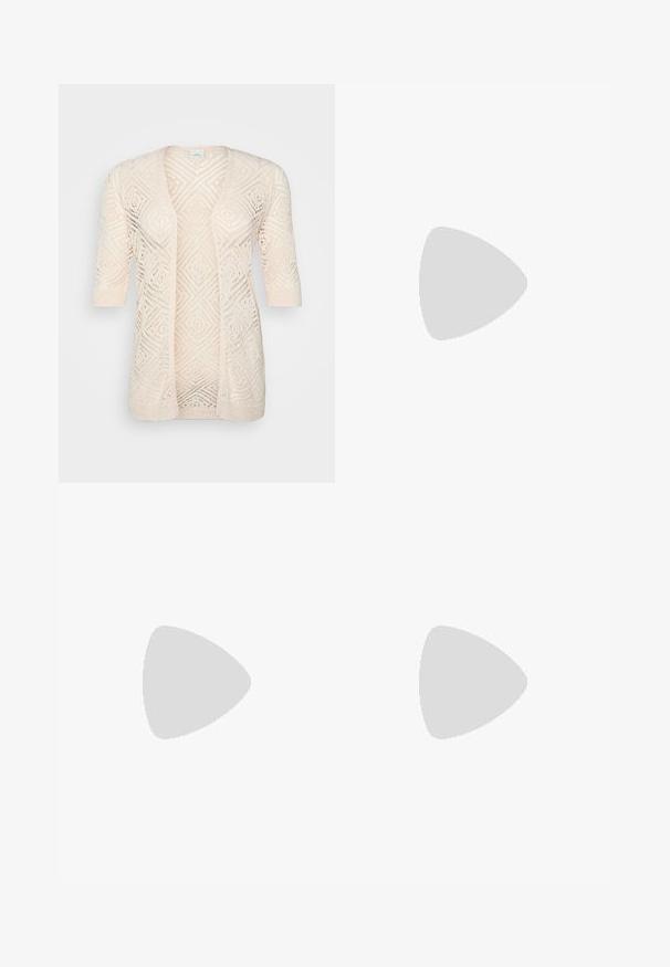 Long-sleeve, lightweight cardigan in soft pink, featuring a geometric open-knit pattern and a relaxed fit. No fastenings, round neckline.; White ribbed tank top featuring a round neckline, sleeveless design, and a cropped length. Label reads "JJXX." Smooth fabric texture.; Black, wide-leg pants with an elastic waistband, made from smooth fabric. Features a clean design with no pockets or visible stitching details.; Black and gray suede sneaker with a large cream-colored "N" logo, purple laces, and a textured gum rubber outsole.