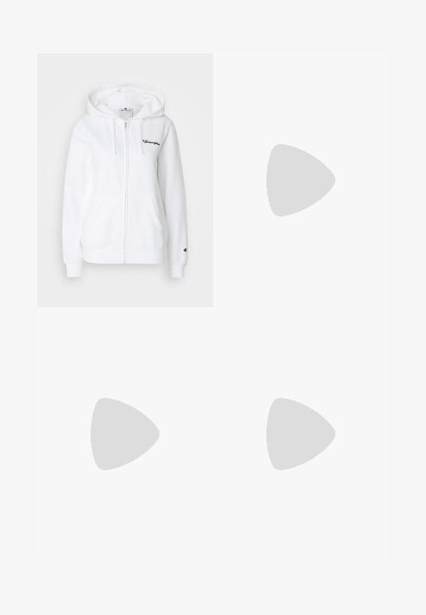 Champion GRAPHIC FULL ZIP HOODIE - Športna jopa s kapuco na zadrgo - white; Mornarice modra bombažna majica s kratkimi rokavi, ki ima bel napis "Champion" čez prsa in majhen logotip na rokavu.; Mornarsko modri trenirka iz mehke mešane bombažne tkanine, s pasom na vrvico in zaprtimi šivi, z manjšim logotipom.; Bela atletska čevlja z mrežastim zgornjim delom, tremi črnimi črtami na strani, teksturiranimi dodatki in trdim gumijastim podplatom z kontrastnim črnim delom.