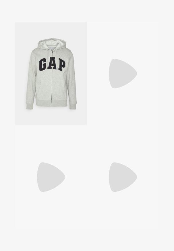 Felpa grigia con zip e tasca a marsupio frontale, con il logo "GAP" in nero. Tessuto morbido e cappuccio regolabile con cordino.; Set di due t-shirt; una nera, una beige chiaro. Vestibilità regolare con scollature rotonde, realizzate in morbido cotone. Design semplice, senza motivi.; Jeans in denim blu sbiadito con taglio dritto, design a cinque tasche e chiusura a bottone in vita. Texture del denim classica.; Sneaker bianche e crema con un accento rosso, realizzate in mesh e camoscio, con dettagli testurizzati e una fascia sulla parte anteriore.