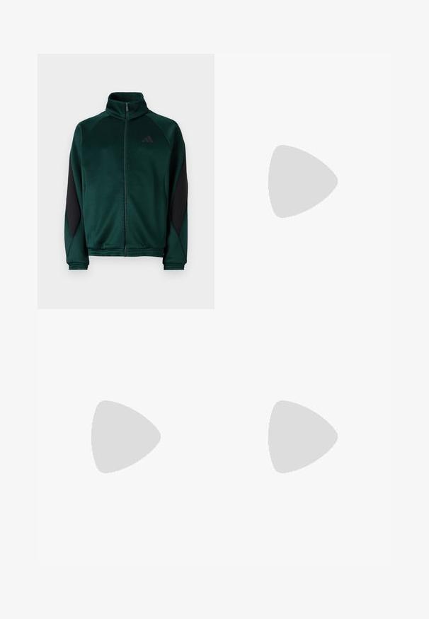 Jaqueta desportiva verde com gola alta, fecho de correr, detalhes laterais pretos e tecido texturizado. Apresenta o logótipo na parte superior esquerda.; Top desportivo branco sem mangas feito de tecido leve, com o logotipo preto da Adidas no lado esquerdo do peito e decote redondo.; Calças de treino Adidas pretas com detalhes em três riscas brancas nas laterais, cintura elástica com cordão e logótipo Adidas na coxa direita.; Sapata atlética preta com riscas brancas, parte superior em malha, biqueira arredondada e sola acolchoada. Apresenta um calcanhar texturizado e um sistema de atacadores seguro.