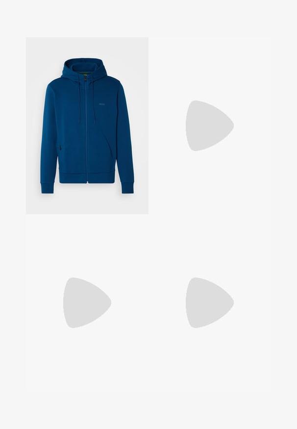 BOSS SAGGY - Zip-up sweatshirt - open blue; Black short-sleeve T-shirt made from a smooth cotton blend, featuring a crew neckline and a minimalistic design with no patterns or accents.; Black jogger pants made of smooth fabric. Feature an elastic waistband with a drawstring, tapered legs, and no visible pockets. Simple design.; Black low-top leather sneaker with black laces and off-white sole shown in side profile on white background.