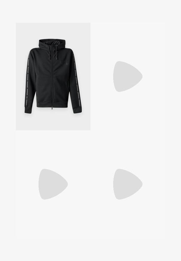 Sudadera negra con cremallera y capucha ajustable, que presenta un logo en el pecho y cinta estampada a lo largo de las mangas. Está fabricada con un tejido suave y tiene un corte relajado.; Camiseta blanca de algodón con escote redondo y mangas cortas, con un logo dorado de EA7 Emporio Armani impreso en el frente.; Pantalones cortos deportivos negros de tejido suave, con una cintura elástica y un pequeño logo amarillo de EA7 en la parte inferior de la pierna izquierda.; Zapatilla de cuero blanca con un acabado suave, puntera redonda, cordones planos y suela texturizada. Cuenta con un sutil logo en el talón.