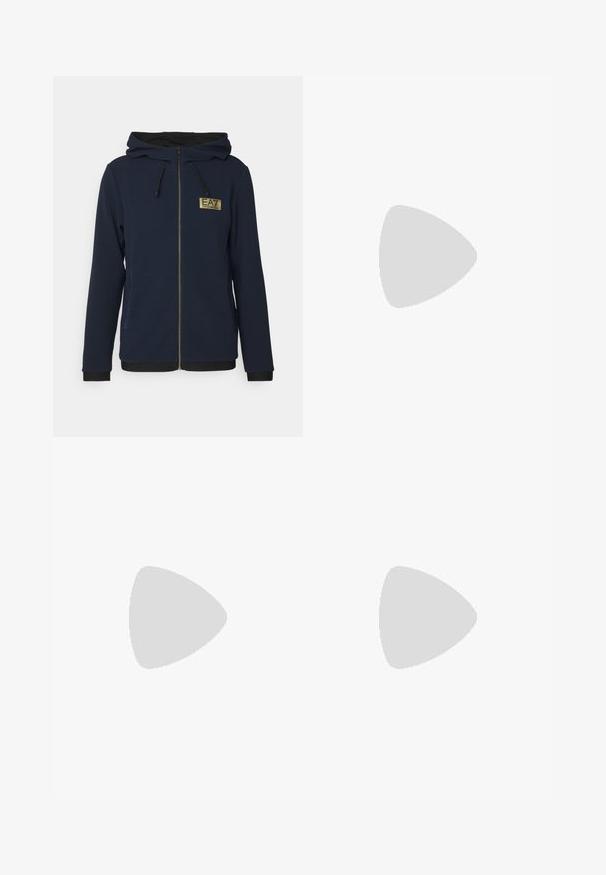 EA7 Emporio Armani Zip-up sweatshirt - blu navy; White cotton t-shirt featuring a round neckline and short sleeves, with a gold EA7 Emporio Armani logo printed on the front.; White sweatpants with an elastic waistband, two side pockets, black zipper accents, and ribbed cuffs at the ankles. Smooth texture.; White sneaker with suede accents, rounded toe, flat laces, and a cream rubber sole. Features green branding on the heel.