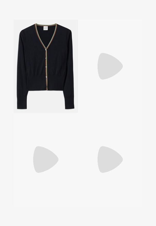 Navy cardigan made of soft fabric, featuring a V-neck with multicolored striped trim and six round buttons down the front.; Long-sleeve gray ribbed knit top, round neckline, fitted silhouette, smooth texture, with no visible logos or embellishments.; Dark blue pinstriped trousers with a high waist, wide leg design, and no visible hardware or embellishments. Smooth texture and tailored fit.; Paul Smith TOPANGA - Ballet pumps - black