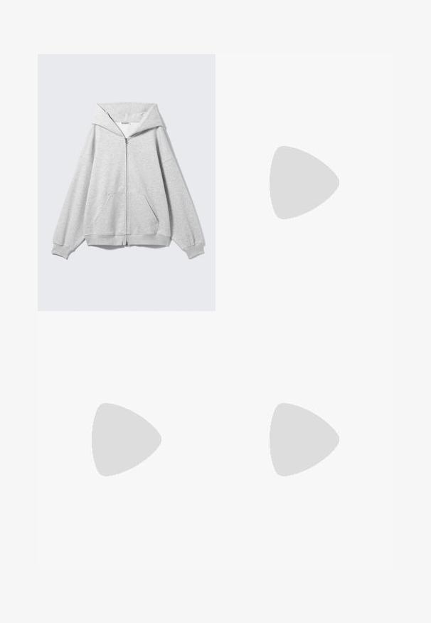 Gray zip-up hoodie with a large hood, oversized fit, kangaroo pocket, ribbed cuffs, and hem. Made from soft, textured cotton fabric.; Light gray long-sleeve t-shirt made of soft cotton. Features a loose fit, round neckline, and gently gathered cuffs. No patterns or graphics.; Light gray wide-leg pants with five pockets, front button closure, and contrast stitching along seams. Fabric appears soft and durable.; Gray suede sneakers with white laces and rubber sole, featuring three diagonal stripes on the side and a logo patch on the tongue.