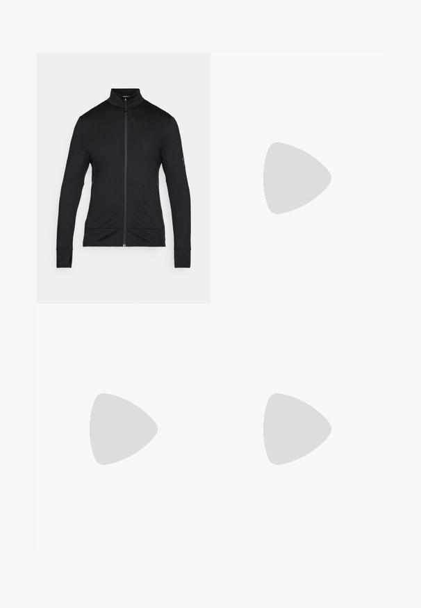 Lightweight black zip-up jacket with a high collar, long sleeves, and a smooth texture. Features a minimal design with subtle stitching details.; The North Face EASY - Print T-shirt - white; The North Face COLOR BLOCK  - Outdoor shorts - black/asphalt grey; Black hiking boot featuring a textured upper, reinforced toe, and Vibram sole. Lacing system includes hooks for secure fit.