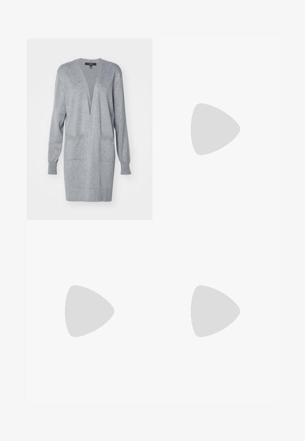 Gray cardigan with a deep V-neck, long sleeves, and front pockets. Soft texture, open design, and a relaxed fit.; Three long-sleeve tops stacked: black, grey, and white. Each has a round neckline and a cropped design with smooth, lightweight fabric.; Black flared pants made from stretchy fabric, featuring a high waistband and flared cuffs with side slits for additional movement.; Gray suede sneakers with white laces, black stripes, and a white rubber sole. Features a circular logo on the tongue and a gum sole.