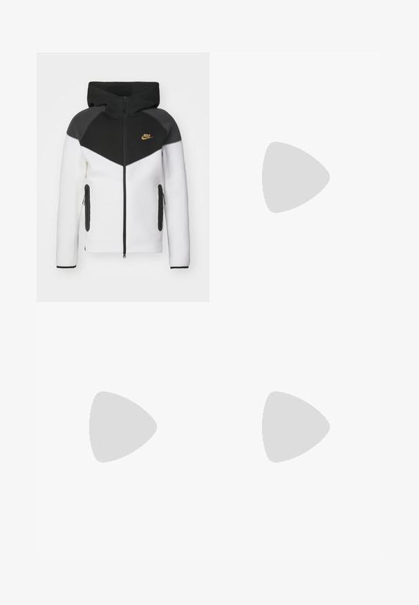 Nike Sportswear TECH FLEECE FULL-ZIP HOODIE - Zip-up sweatshirt - white/dark smoke grey/black; White cotton t-shirt with short sleeves. Designed with a small orange and maroon logo on the left chest. Features a classic crew neck.; Cargo pants in a textured taupe fabric, featuring multiple side pockets, a straight leg design, and adjustable straps at the hem.; Gray athletic shoe featuring a mesh and suede upper, white accents, a cushioned sole, and a distinctive design with reflective elements.