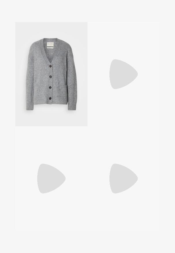 Gray wool cardigan with a v-neck, five dark buttons, two front pockets, and ribbed hem and cuffs. Smooth texture, relaxed fit.; White cotton tank top with a wide neckline and thin shoulder straps. Smooth texture with no visible patterns or embellishments.; Wide-leg trousers in navy blue, made from lightweight fabric. Features a slightly textured surface, elastic waistband, and front seams.; White leather sneaker with a smooth finish, beige suede accents, round toe, flat lace-up design, and a textured rubber sole.