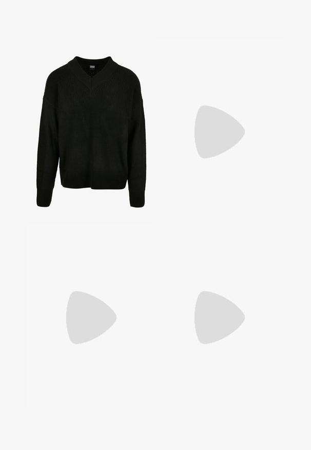 Juodas trikotažo megztinis su V formos iškirpte, plačia iškilumo tekstūra, nuleistomis petnešomis ir ilgomis rankovėmis, pasižymintis laisvu siluetu ir vienspalve spalva.; Du žaidimų juodos polo marškiniai, trumpomis rankovėmis, pagaminti iš medvilnės, su klasikinėmis apykaklėmis, dviem mygtukais priekyje ir baltais dryžiais apykaklės viduje.; Pier One Chino stiliaus kelnės - black; Juodai odiniai įtvirtinimo batai su lygiu paviršiumi, siuvinėjimo akcentais, apvalia nosimi ir žemu guminiu kulnu. Pado raštas minimalus.