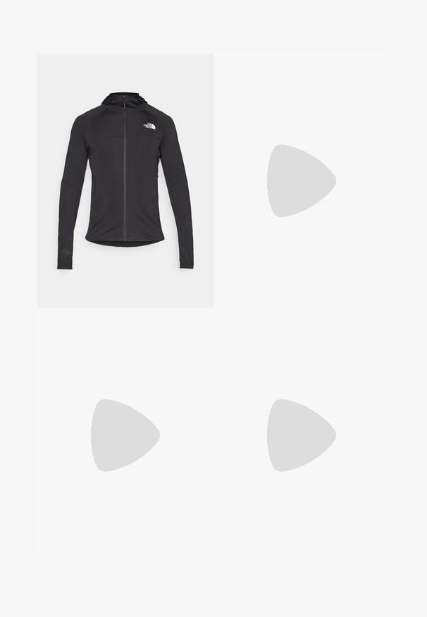 The North Face BOLT POLARTEC HOODIE - Tröja med dragkedja - black; Svart t-shirt med kort ärm gjord av bomull, med rund halsringning och en liten vit logotyp på övre vänstra bröstområdet.; The North Face MOUNTAIN ATHLETICS WIND PANT - Friluftsbyxor - black; The North Face OFFTRAIL VERSA - Hikingskor - black/white