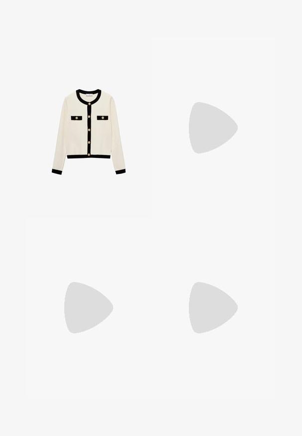 Cream cardigan with black trim, round neckline, and gold buttons. Features two black pocket accents on the front. Soft knit material.; Two sleeveless ribbed turtleneck tops in black and white, featuring a fitted design and smooth texture, with cropped length.; Black wide-leg trousers made of lightweight fabric, featuring a front button closure and flat front, with neatly stitched hems.; Sport shoes with a white leather upper, gray suede toe, and three black stripes. Features a blue logo on the tongue and a textured rubber sole.