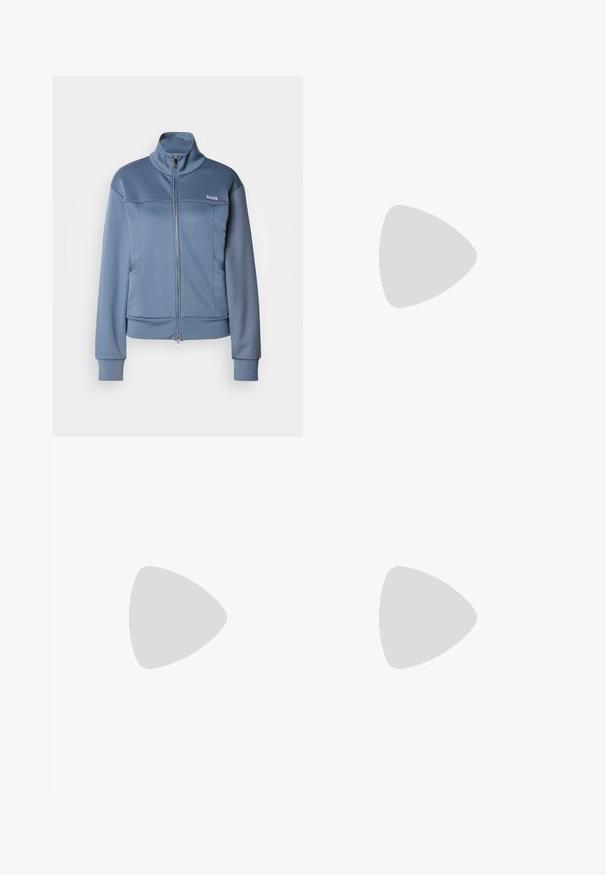 Blue zip-up jacket made of a soft, smooth fabric. Features a high collar, side pockets, and the "BOSS" logo in white on the chest.; White short-sleeve t-shirt made of cotton. Features a round neckline and a smooth texture, with minimal stitching visible at the hem.; Light wash wide-leg jeans with a high waist, made of denim. Features subtle stitching and five pockets, with a slightly faded texture.; White and beige sneaker featuring a smooth upper with suede accents, a textured sole, and tonal stitching. Lace-up closure with logo detail.