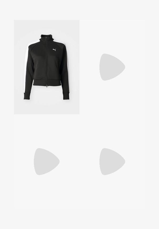 Black zip-up jacket with high collar, featuring white side panel accents and a small white logo on the chest. Ribbed cuffs and hem.; Light gray long-sleeve t-shirt made of soft cotton. Features a loose fit, round neckline, and gently gathered cuffs. No patterns or graphics.; Black pants made of lightweight fabric with an elastic waistband and drawstring. Features two side pockets and a tapered leg design.; Black leather pointy-toe pump with an ankle strap and a chunky heel. Flat texture, sleek design, and minimalistic aesthetics.