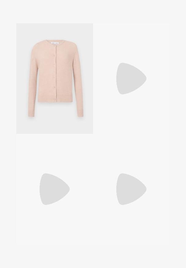 Light pink cardigan made of soft material, featuring a round neckline, five buttons down the front, and ribbed cuffs and hem.; Two tank tops: one navy blue and one off-white. Both have a rounded neckline, soft texture, and a simple design. Brand label visible on top.; Black wide-leg trousers with high waist, button details on waistband, and front pleats.; Black leather pump with a pointed toe and a low block heel. Features an ankle strap with a gold-tone buckle. Smooth texture.
