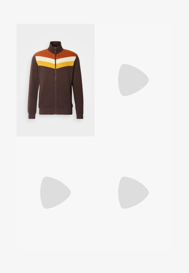 Brown zip-up jacket with a high collar, featuring a geometric design in orange, white, and yellow across the shoulders. Smooth texture.; Black short-sleeve T-shirt made of ribbed fabric, featuring a crew neckline and a simple, boxy silhouette.; Black denim pants featuring a straight-leg cut, five-pocket design, and a front button closure. Smooth texture with minimal stitching details.; Pier One UNISEX - Trainers - black