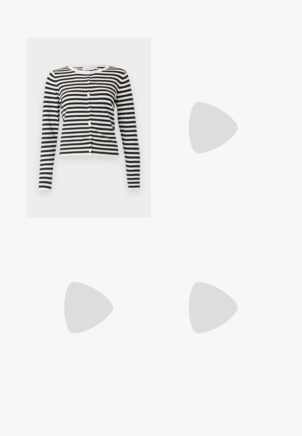 Fekete-fehér csíkos kardigán hosszú ujjal, kerek nyakkivágással, gombos elülső zárással és puha kötött textúrával.; Fehér, sima pamutből készült gombos ing, klasszikus gallérral, hosszú ujjakkal és ívelt hemvéggel. A gombok kicsik és fehérek.; Barna pamut A-vonalú szoknya magas derékkal, elöl pliszézett és sima textúrával. Az alsó szegélyek letisztultak és egyszerűek.; Burgundi lakkbőr balettcipő kerek orral, elöl kis masni díszítéssel és alacsony, fekete gumi talppal. Simára csiszolt felület.