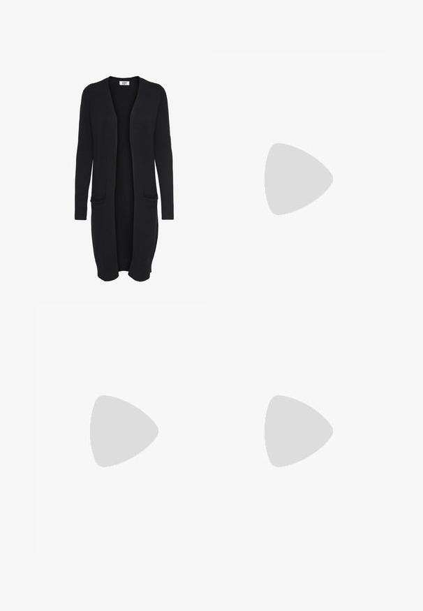 JDY JDYMARCO LONG CARDIGAN - Kofta - black; Vit ribbade linne med rund halsringning, ärmlös design och kort längd. Märket säger "JJXX." Slät tygkvalitet.; Svarta, vida byxor med elastisk midja, tillverkade av en mjuk tyg. Har en ren design utan fickor eller synliga sömdetaljer.; Svart och grå mocka sneaker med en stor krämfärgad "N"-logotyp, lila snören och en texturerad gummisula.