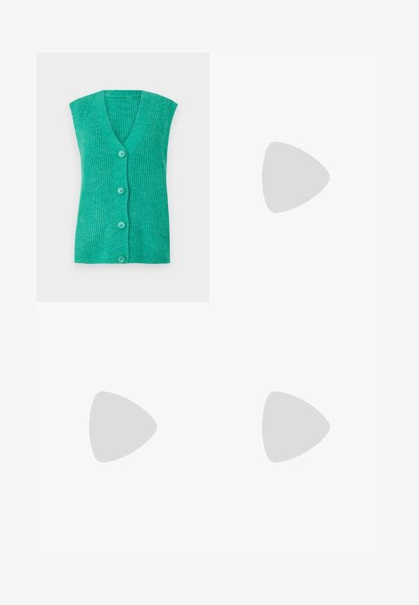 Turquoise sleeveless cardigan with a V-neck, ribbed texture, and four matching buttons down the front. Soft knit material.; Black oversized t-shirt featuring a graphic of a bear with the text “NOT CUTE BUT WILD” in bold, white lettering. Cotton material.; Light blue, high-waisted jeans made of denim. Feature wide legs, two torn knee areas, and classic five-pocket styling.; White high-top canvas sneaker with black rubber sole, front rubber toe cap, and six eyelets for laces, featuring a clean, minimalist design.