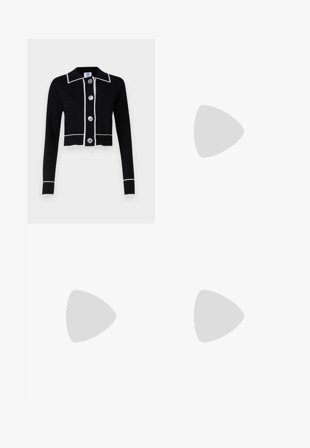KNITID CONTRAST JACKET - Kofta - black/white; Svart ärmlös klänning med en rak bodel, åtsittande midja och A-linjeformad kjol med en subtil framveck och justerbara axelremmar.; Enaxlad svart ribbad linne med en figurnära design och mjuk textur. Har en ren, minimalistisk skärning och slät halsringning.; Svart läderballerinaskor med rund tå, slät yta, minimala söm detaljer och en flexibel sula.