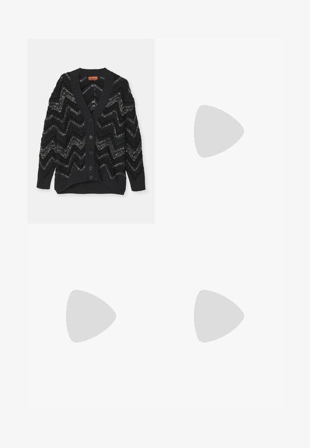 Black knitted cardigan featuring a zigzag pattern with silver accents, ribbed edges, and button closure at the front.; Brown long-sleeve top with a high neckline, made of soft, textured fabric. Features a simple design and straight-cut sleeves.; Wide-leg trousers in textured cream fabric. Features a high waist with pleats, belt loops, and a clean, minimal design.; Black leather sandal with a square toe, thin straps, adjustable ankle strap, and a low heel. Features a small gold accent on the strap.; Blue suede tote bag with two long handles, rectangular shape, smooth texture, minimalistic design, featuring a subtle logo on the front.