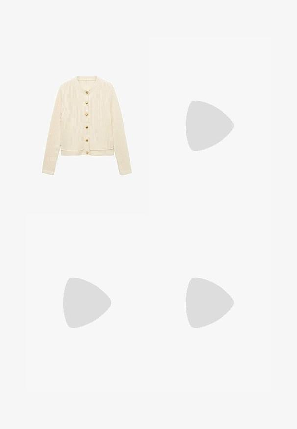 Cardigan lavorato a maglia in crema con una texture a coste, caratterizzato da maniche lunghe e sei bottoni dorati sul davanti. Design corto con collo rotondo.; T-shirt bianca a maniche corte e scollo rotondo con vestibilità slim, esposta piatta su uno sfondo bianco.; Pantaloni sportivi blu navy realizzati in tessuto morbido, con elastico in vita e dettaglio del logo bianco sul fianco sinistro. Design a gamba dritta.; Sneaker marrone chiaro realizzato in suede e tessuto, con punta arrotondata, lacci bianchi e suola in gomma con finitura testurizzata.; Occhiali da vista in tartaruga con montatura ovale, lenti trasparenti e dettagli dorati. Presentano tempie curve e una finitura liscia e lucida.; Borsa in pelle beige intrecciata con una singola tracolla, caratterizzata da una forma rettangolare e una superficie testurizzata. Inclusi gli accessori per la regolazione della tracolla.