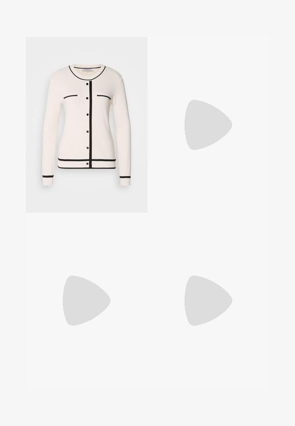 Cardigan en tricot blanc avec des bordures noires, des boutons à l'avant et deux poches poitrine avec des lignes et des points contrastants. Texture douce, manches longues.; Débardeur en coton blanc avec un col large et de fines bretelles. Texture lisse sans motifs ni embellissements visibles.; Pantalons à jambes larges en bleu marine, fabriqués à partir d'un tissu léger. Dotés d'une surface légèrement texturée, d'une taille élastique et de coutures avant.; Sneaker en cuir blanc avec une finition lisse, accents en suède beige, bout arrondi, design à lacets plats et semelle en caoutchouc texturée.