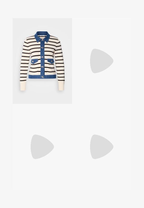 Cardigan a righe con una base color crema e strisce nere, colletto in denim e tasche. Bottoni frontali e dettagli in denim a contrasto.; Top in cotone bianco a spalla larga con spalline sottili. Tessuto liscio senza motivi visibili o decorazioni.; Pantaloni a gamba larga di colore blu navy, realizzati in tessuto leggero. Presentano una superficie leggermente texture, una vita elastica e cuciture frontali.; Décolletés Mary Jane bianchi in pelle con punta affilata, fibbia laterale e tacco basso nero. Texture liscia e design minimalista.