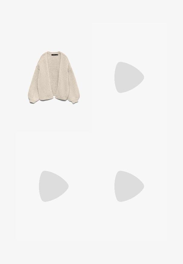 Cardigan beige de punto grueso, con abertura frontal, mangas abullonadas y puños acanalados, exhibido sobre un fondo blanco.; Camiseta corta blanca de algodón con mangas cortas, cuello redondo y dobladillo recto, con una textura suave y un diseño minimalista.; Jeans de pierna ancha beige fabricados en algodón. Cuentan con un cierre de botón, presillas para cinturón y bolsillos frontales con una textura suave y lisa.; Zapatos de plataforma de cuero negro con un tacón cuadrado grueso, punta redonda y diseño tradicional de cordones. Presenta una textura suave y un detalle minimalista.