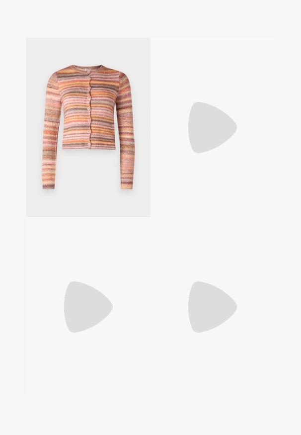BDG Urban Outfitters SPACE DYE CREW CARDI - Cardigan - rust; White ribbed tank top with a scoop neckline and wide straps, featuring a fitted silhouette and soft texture.; Light grey sweatpants with a relaxed fit, elastic waistband, drawstring, and side pockets; made from soft, textured fabric.; Nike athletic shoe in white and light pink. Features a mesh upper and distinctive curved sole with visible air cushioning.