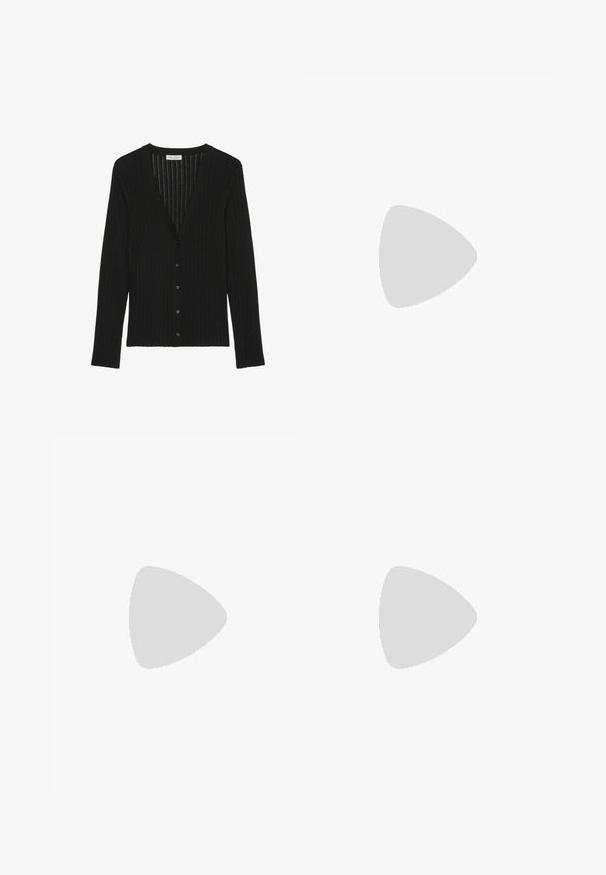 Black ribbed long-sleeve cardigan with V-neck and front button closure, made by Marc O'Polo.; Black short-sleeve t-shirt made of cotton. Features a round neck, relaxed fit, and clean hem with no visible patterns or hardware.; Wide-leg jeans in black denim with a zippered front, five-pocket design, and subtle stitching details. Smooth texture and casual style.; Black leather platform shoes with a chunky block heel, round toe, and traditional lace-up design. Features smooth texture and minimal detailing.
