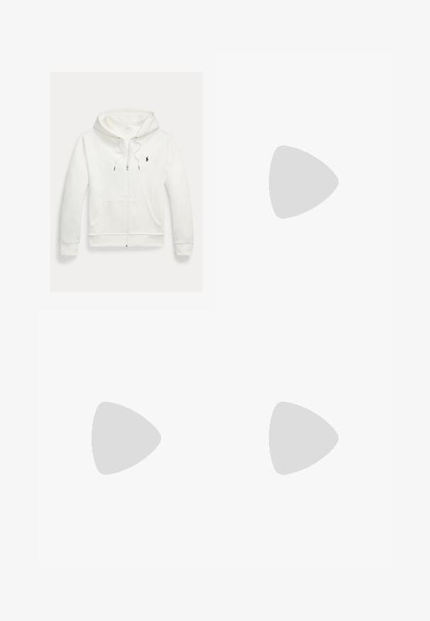 Balta zip-up kapuce, izgatavota no mīkstas auduma, ar priekšējo kabatu, regulējamu kapuci un nelielu melnu logo uz krūtīm.; Balta polo krekls, izgatavots no kokvilnas, ar klasisku apkakli, trīs pogu aizdari un kreisajā krūtī kabatu; neliels logo apakšmalā.; Baltas, pleitēts bikses ar piegriezumu, kas pielāgots figūrai, ar gludu tekstūru, jostas cilpām un sašaurinātiem galiem. Nav redzamu kabatu vai rakstu.; Baltas un gaiši bež sporta apavi, ar sieta augšdaļu, perforētiem detaļām un teksturētu vidusdaļu ar zīmolu uz papēža.