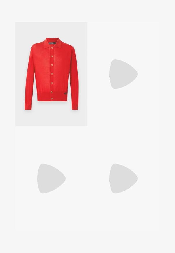 Red long-sleeve button-up cardigan with gold buttons, a collar, and a small black brand patch near the hem.; White cotton t-shirt with short sleeves, rounded neckline, relaxed fit, and no visible logos or patterns. Smooth texture and minimal design.; Black cargo pants with a straight-leg design, featuring two side pockets, a button closure, and a textured fabric.; Black leather lace-up shoe with a thick, serrated black rubber sole and yellow stitching along the edge, featuring a smooth finish.