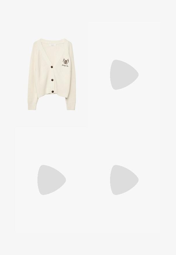 Cardigan lavorato a maglia color crema con scollo a V, polsini e orlo a costine. Presenta bottoni marroni e un logo ricamato sul lato sinistro.; Tessuto di cotone nero con una texture liscia e scollatura rotonda, caratterizzato da un motivo a grana sottile e uniforme. Nessun logo o accento visibile.; Pantaloni a gamba larga marrone scuro con vita alta, dotati di una chiusura con bottone singolo e una parte anteriore plissettata. Realizzati in tessuto leggero.; Sneaker in pelle nera con strisce bianche, punta in gomma, lacci neri e suola di colore crema. Texture liscia con finitura brillante.