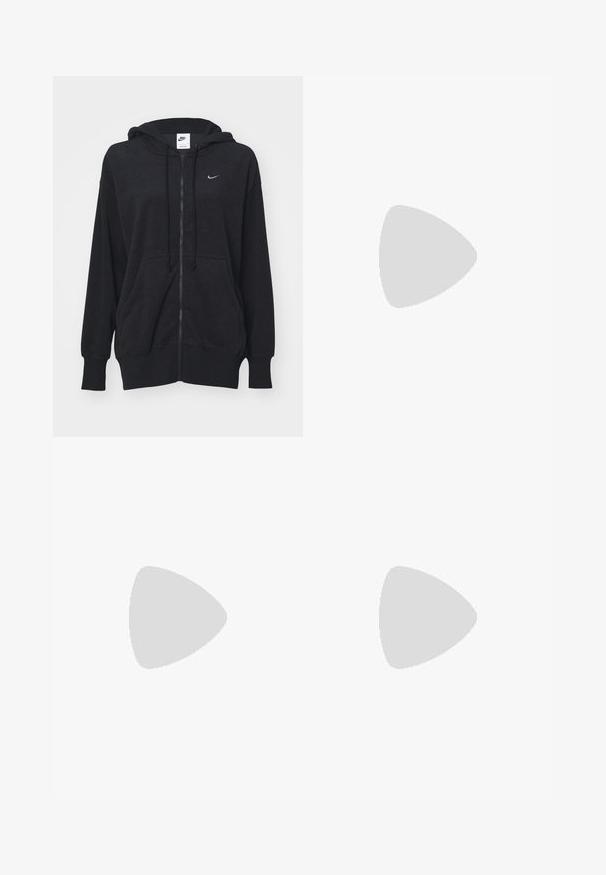 Nike Sportswear Zip-up sweatshirt - black sail; Long-sleeve, cropped t-shirt in solid black cotton. Features a round neckline and slight side gathering detail for a fitted look.; Black athletic pants with a shiny, smooth fabric, featuring an elastic waistband, wide legs, and a small logo on the left side.; Black leather and synthetic sneakers with white Nike swoosh, rubber gum sole, round toe, and black laces. Ribbed white socks visible.