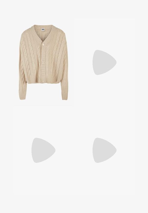 Cream cable-knit cardigan with a V-neck, long sleeves, five-button closure, and ribbed hem. Features a textured pattern throughout.; Black cotton t-shirt with short sleeves, crew neckline, and white three-stripe detailing on shoulders. Features a small white logo on chest.; Black plaid pants featuring an elastic waistband, two front pockets, and a loose fit with a straight leg design. Made from lightweight material.; Black suede sneaker with yellow accents, featuring three stripes and a brown rubber sole. Includes a padded tongue for comfort.