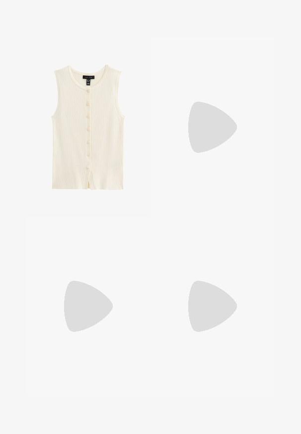 New Look BUTTON UP - Veste sans manches - cream; Débardeur noir à côtes avec un col haut et sans manches. Présente une silhouette ajustée et une texture douce.; Stradivarius FLOWING TEXTURED WITH DARTS - Pantalon classique - mottled green; Baskets en daim vert avec des bandes en cuir blanc, semelle en caoutchouc, col rembourré et design minimaliste. Avec un logo sur le côté.