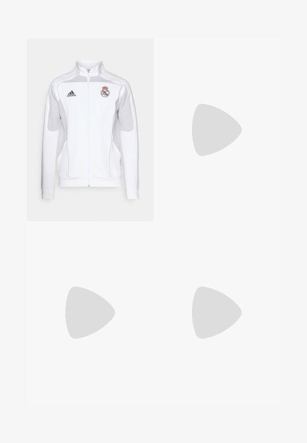 Weißer Reißverschlussjacke mit grauen Akzenten, ausgestattet mit einem gestickten Logo und drei schwarzen Streifen an den Ärmeln. Hergestellt aus glattem, leichtem Material.; Weißes T-Shirt mit kurzen Ärmeln aus atmungsaktivem Stoff, featuring ein schwarzes dreieckiges Logo und drei schwarze Streifen auf jeder Schulter.; Weiße Sporthose aus glattem Stoff, mit einem elastischen Bund und enganliegenden Bündchen, mit einem schwarzen Logo auf der Gesäßtasche.; Weiße Sportschuhe mit schwarzen Streifen, Netztextur und gepolstertem Kragen, kombiniert mit olivgrünen Hosen mit weißen Seitenstreifen.