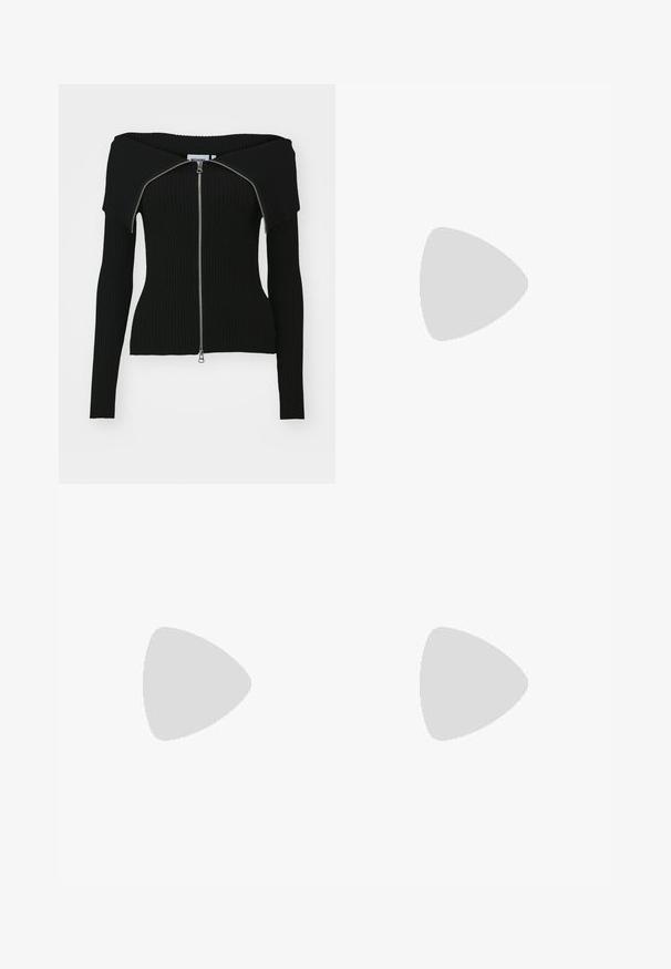 Weekday VANNA OFF SHOULDER ZIP CARDIGAN - Cardigan - black; Set of two long-sleeve tops in white and black. Ribbed texture, round neck, fitted design with slightly flared sleeves.; Light blue flared jeans made of denim, featuring a high waist, five pockets, and a single button closure. Soft texture with faded finish.; Black and gray athletic shoes feature a mesh upper, thick soles, and laces. They have a rounded toe and visible cushioning detail.