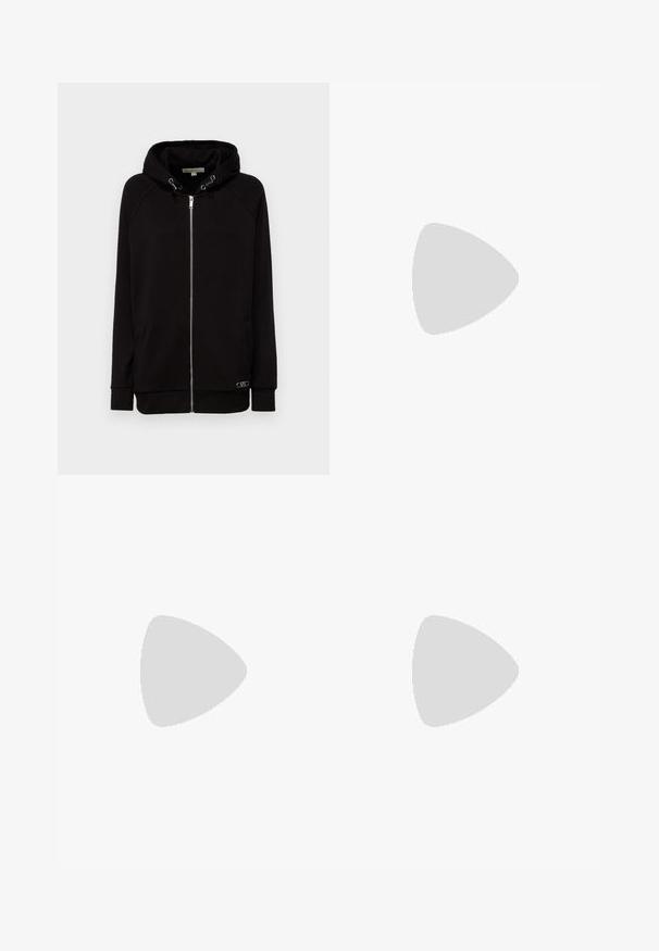 MICHAEL Michael Kors CLASSIC ZIP UP RAGLAN HOODIE - Sweatjakke - black; Svart ribbestrikket tank topp med rund hals, tettsittende fasong og sømløse kanter. Stoffet er mykt og elastisk. Merket leser "LAUREN."; Hvite skreddersydde bukser med høy midje, doble frontfold, og vide ben med brettede mansjetter. Laget av et glatt, teksturert stoff.; Svart skinnballettflatt med rund tå, glatt tekstur, minimal sømdetalj, og et fleksibelt såledesign.