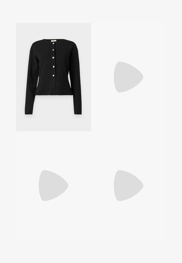 Black long-sleeve cardigan with round neckline and six silver buttons down the front, slightly fitted at the waist.; White ribbed tank top featuring a round neckline, sleeveless design, and a cropped length. Label reads "JJXX." Smooth fabric texture.; Black, wide-leg pants with an elastic waistband, made from smooth fabric. Features a clean design with no pockets or visible stitching details.; Black and gray suede sneaker with a large cream-colored "N" logo, purple laces, and a textured gum rubber outsole.