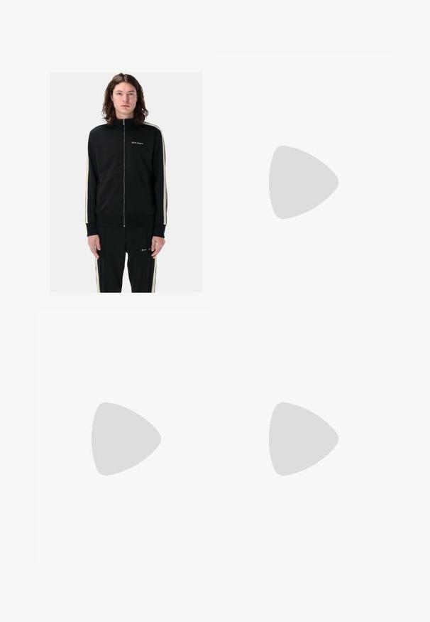 Black zip-up tracksuit jacket with high collar, side stripes, and embroidered logo. Made of smooth fabric, fitted design with ribbed cuffs.; Black cotton t-shirt with short sleeves, crew neckline, and a white logo on the left chest. Smooth texture and simple design.; Black athletic pants with an elastic waistband, tapered design, side pockets, and subtle logo detail. Made from flexible, breathable fabric.; Black athletic shoes with a lightweight design, featuring three prominent gray stripes, a smooth texture, and a contoured sole.