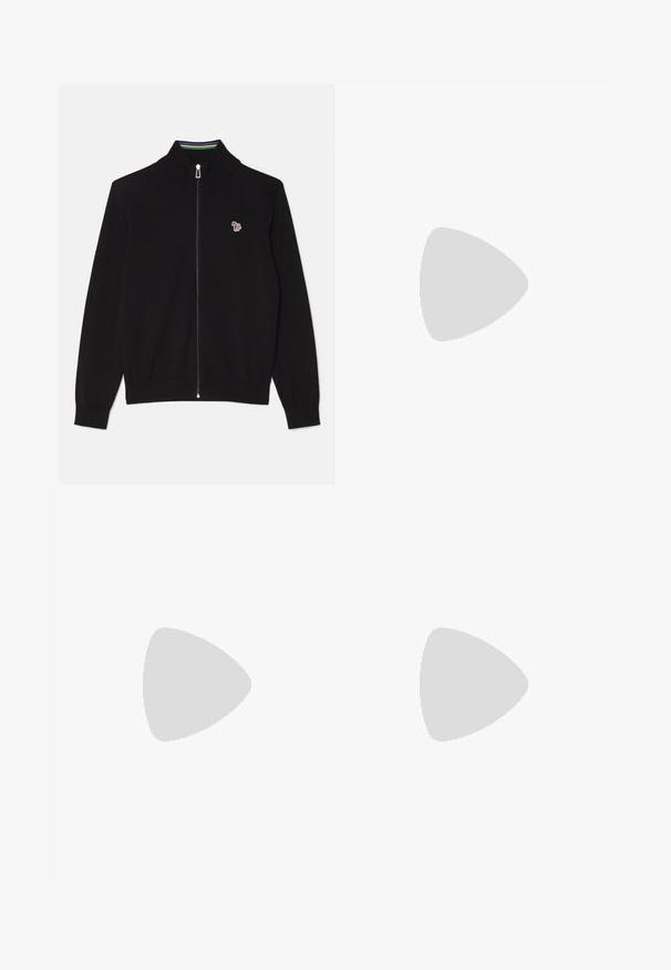 Black zip-up jacket with a high collar, textured fabric, and a small patterned logo on the chest. Includes multicolored striped accents at the collar.; White cotton t-shirt with crew neck, short sleeves, black embroidered "Polo Ralph Lauren" logo on chest, and small black logo on hem.; Light blue denim jeans with a straight-leg design, faded areas, slight distressing, raw hem, and traditional five-pocket styling.; Black leather loafer with a rounded toe, stitched detailing, and a decorative strap across the front. Flat sole with minimal profile.